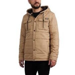 Hurley Men's Beige Hooded Puffer Jacket XL extra large Snap closure warm fleece